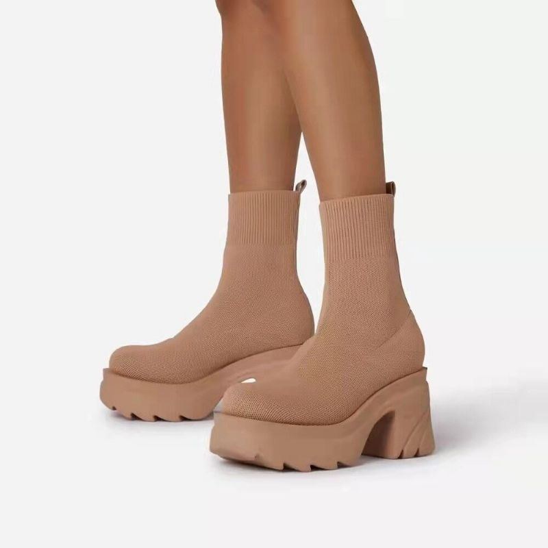 Stor Størrelse Kvinder Stilfuld Casual Behagelig Platform Chunky Hæl Stretch Strik Støvler