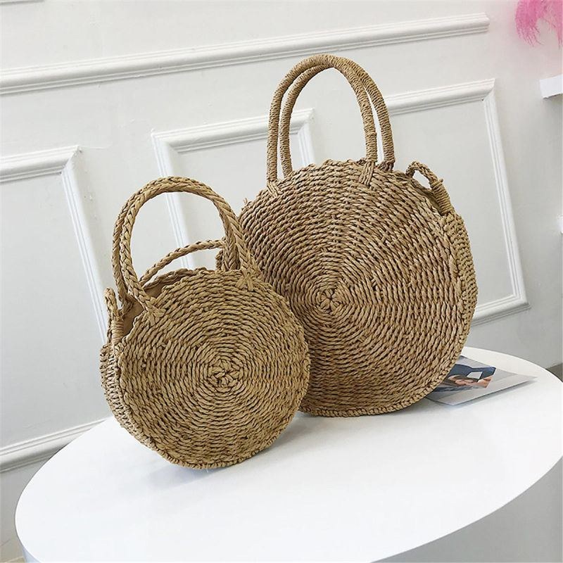 Bohemia Rattan Stråtaske Dame Strå Håndtaske Rund Strand 110cm Længde Polyester
