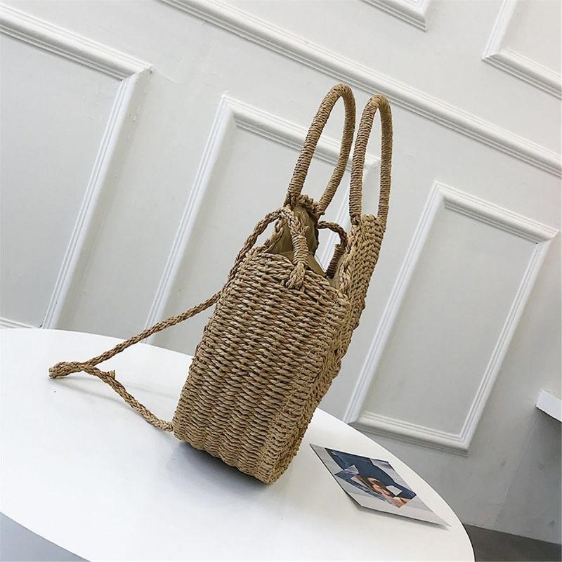 Bohemia Rattan Stråtaske Dame Strå Håndtaske Rund Strand 110cm Længde Polyester