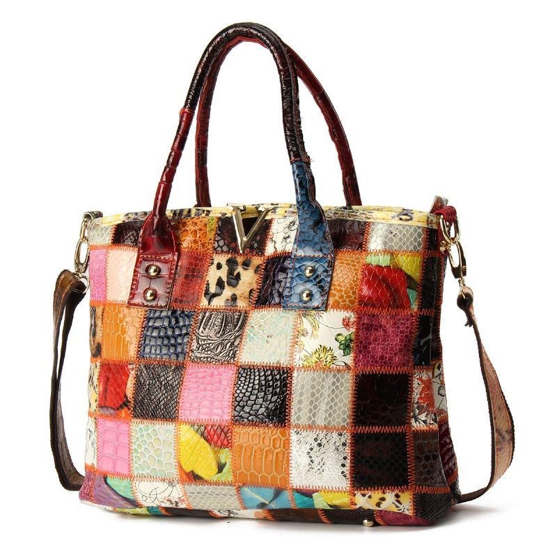 Dame Ægte Læder Vintage Tote Håndtaske Stor Kapacitet Syning Crossbody Taske