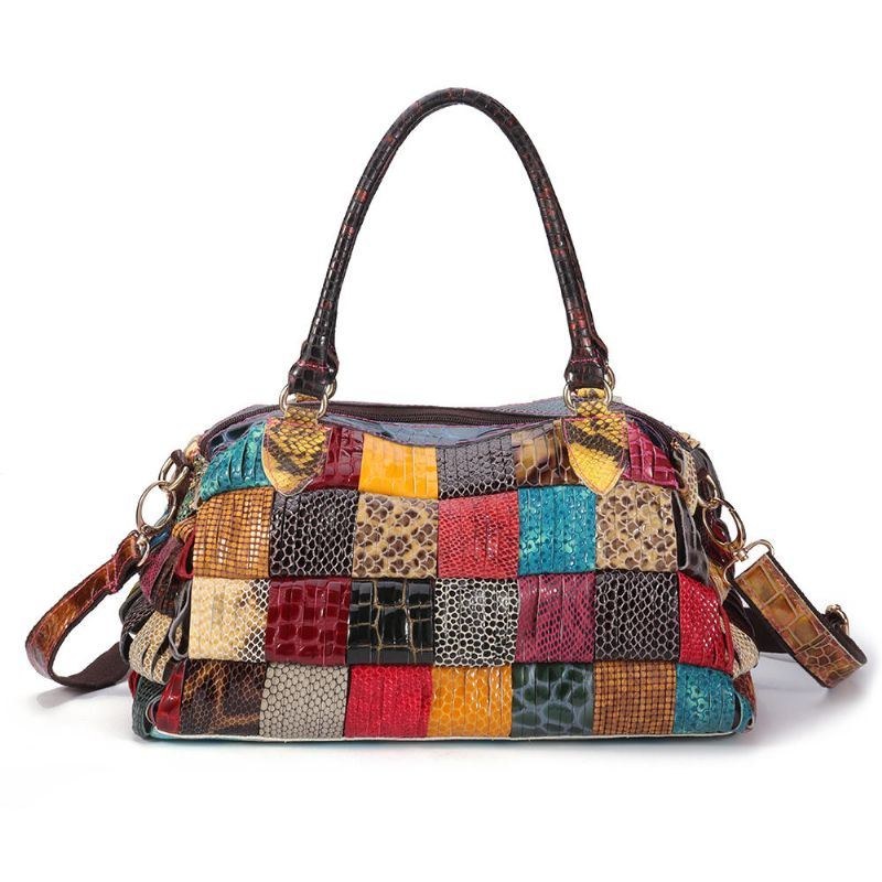 Dame Bohemian Stor Kapacitet Ægte Læder Håndtaske Patchwork Håndlavede Crossbody Tasker