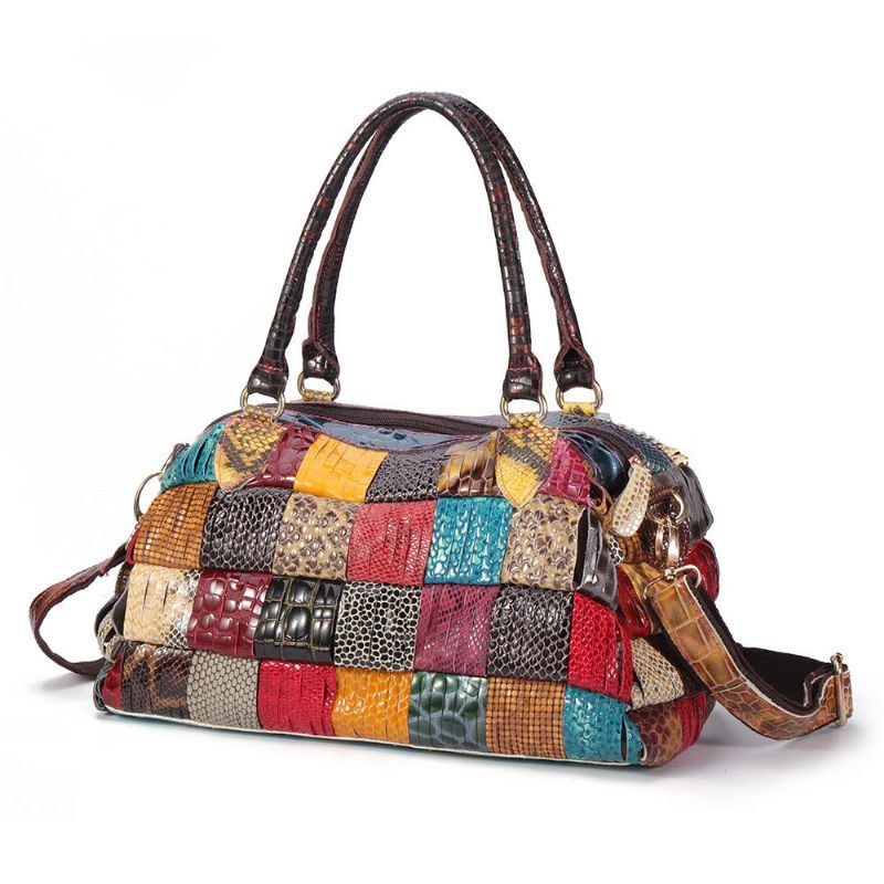 Dame Bohemian Stor Kapacitet Ægte Læder Håndtaske Patchwork Håndlavede Crossbody Tasker