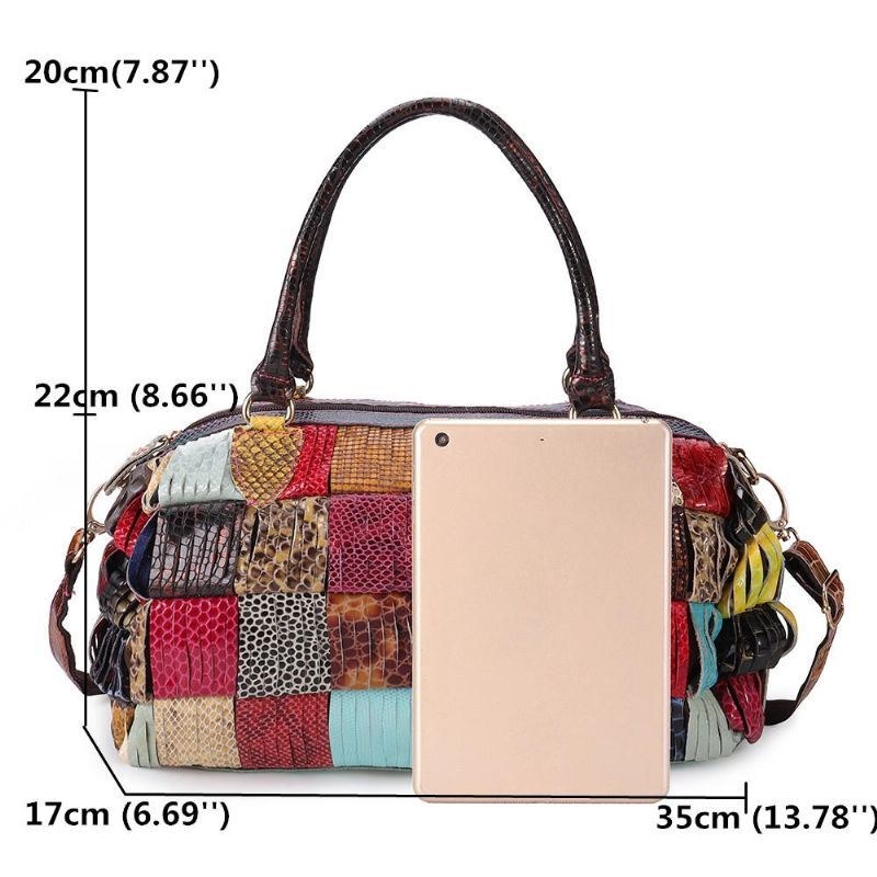 Dame Bohemian Stor Kapacitet Ægte Læder Håndtaske Patchwork Håndlavede Crossbody Tasker