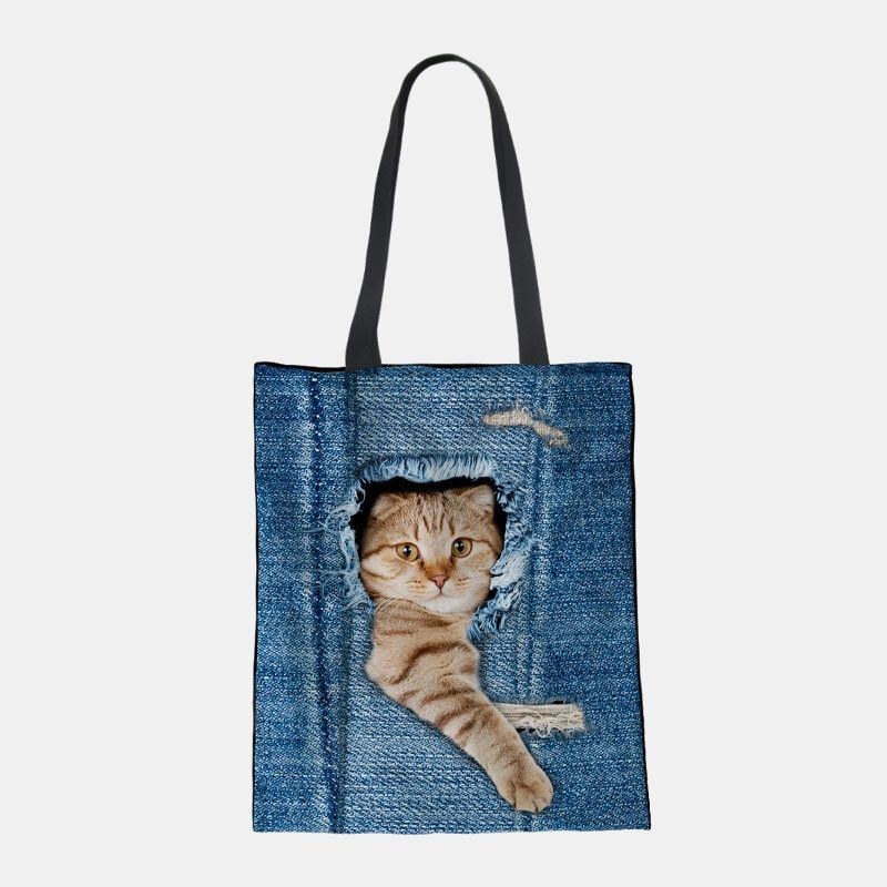 Dame Canvas Breaking Hole Denim 3d Sød Kat Hundemønster Casual Outdoor Håndtaske Skuldertaske Tote