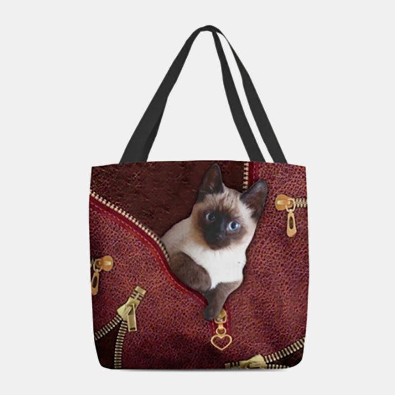 Dame Canvas Cute 3d Tre-dimensionelt Kattemønster Casual Skuldertaske Håndtaske Tote