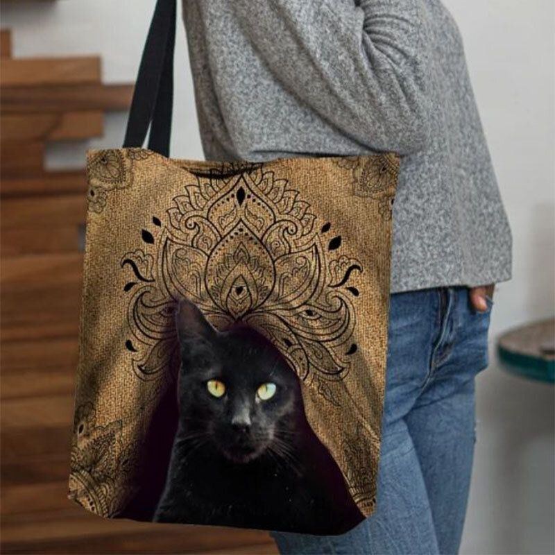 Dame Canvas Cute Black Cat Pattern Håndtaske Tote Skuldertaske