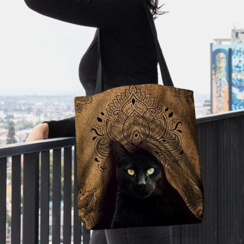 Dame Canvas Cute Black Cat Pattern Håndtaske Tote Skuldertaske