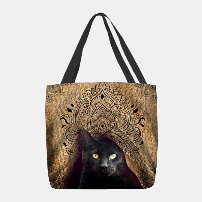 Dame Canvas Cute Black Cat Pattern Håndtaske Tote Skuldertaske