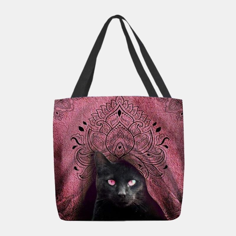 Dame Canvas Cute Black Cat Pattern Håndtaske Tote Skuldertaske