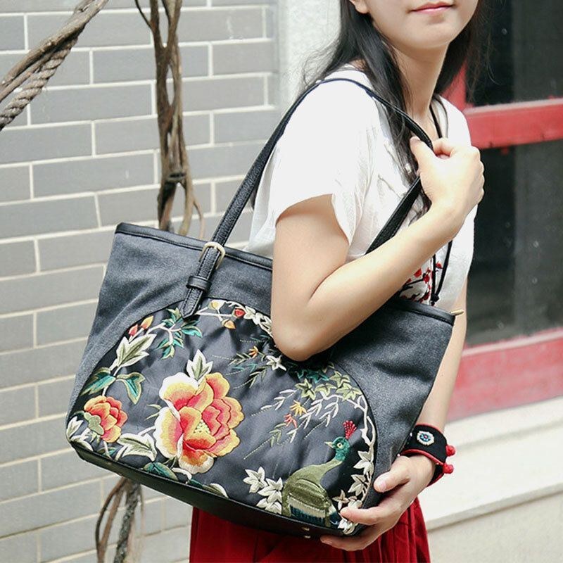 Dame Canvas Etnisk Stil Broderet Blomster Håndtaske Med Stor Kapacitet Skuldertaske Tote