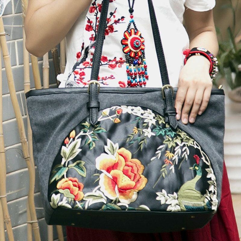 Dame Canvas Etnisk Stil Broderet Blomster Håndtaske Med Stor Kapacitet Skuldertaske Tote