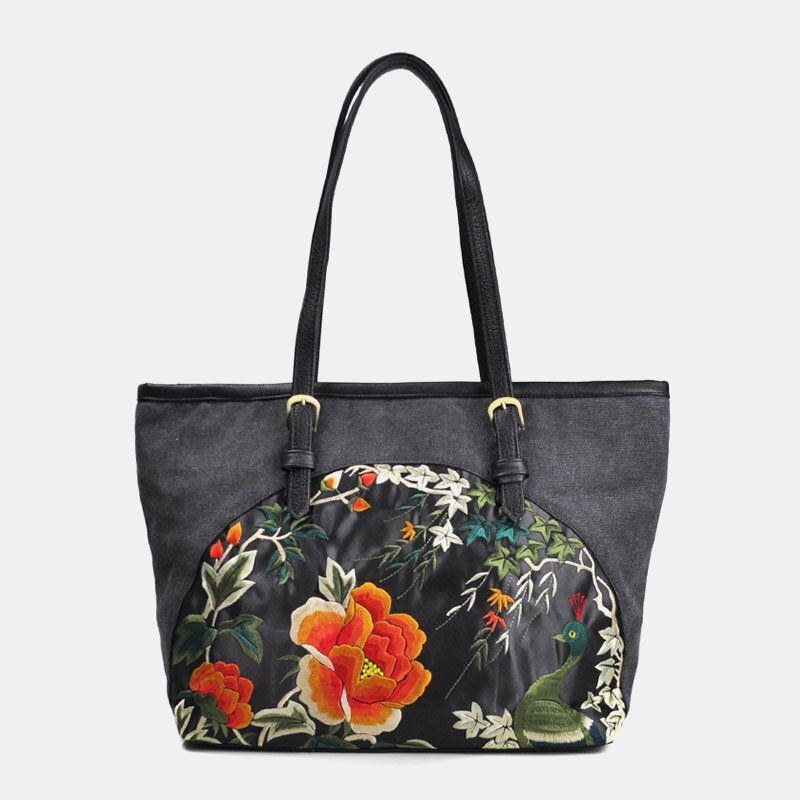 Dame Canvas Etnisk Stil Broderet Blomster Håndtaske Med Stor Kapacitet Skuldertaske Tote