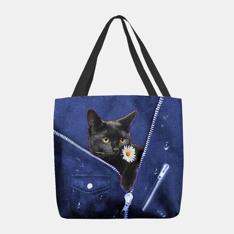 Dame Canvas Sød Tredimensionel 3d Sort Kat Med Blomstermønster Skuldertaske Håndtaske Tote