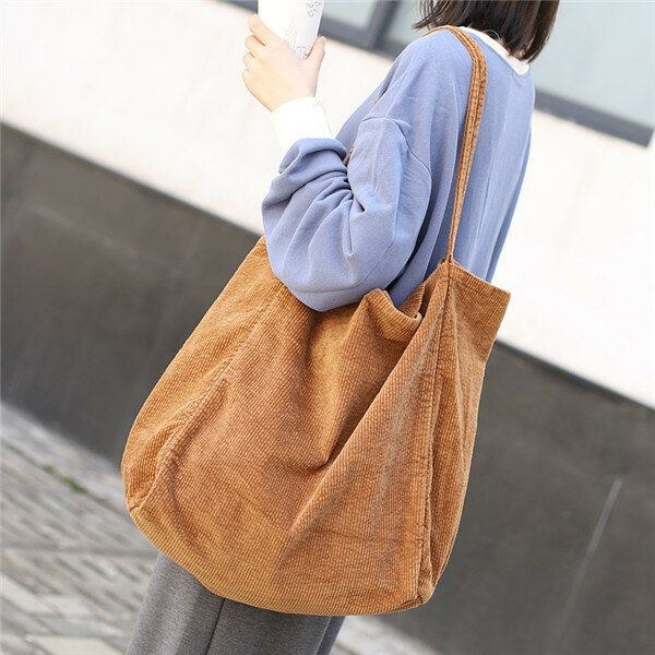 Dame Corduroy Vintage Shoppingtaske Med Stor Kapacitet Skuldertaske Håndtaske