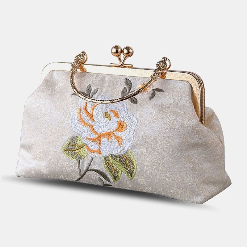 Dame Elegant Kinesisk Stil Blomstermønster Broderi Håndtaske Udsøgt Hardware Design Fin Tekstur Stof Cheongsam Clutch Taske