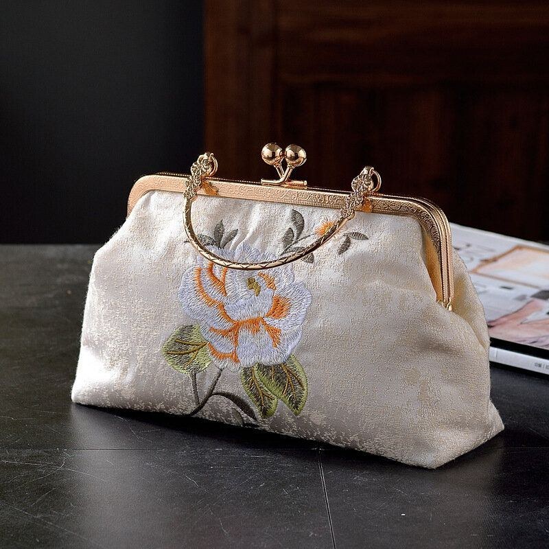 Dame Elegant Kinesisk Stil Blomstermønster Broderi Håndtaske Udsøgt Hardware Design Fin Tekstur Stof Cheongsam Clutch Taske