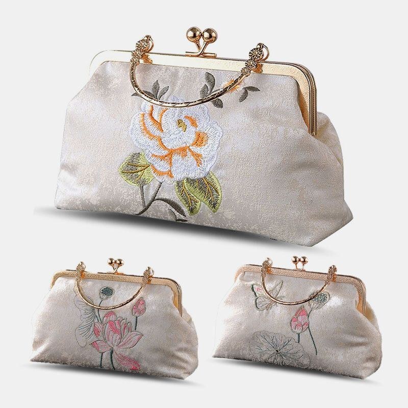 Dame Elegant Kinesisk Stil Blomstermønster Broderi Håndtaske Udsøgt Hardware Design Fin Tekstur Stof Cheongsam Clutch Taske