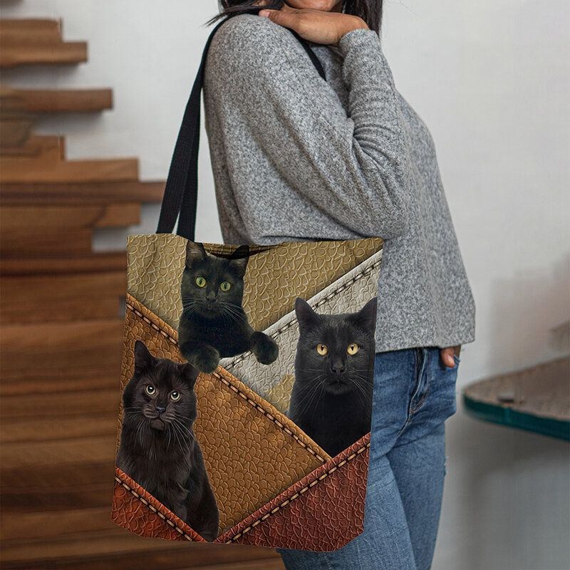 Dame Filt Katte Mønster Patchwork Udskrivning Håndtaske Skuldertaske Tote