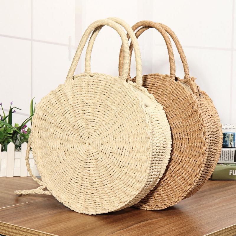 Dame Håndvævet Taske Rund Rattan Straw Bohemia Style Beach Circle Strandtasker