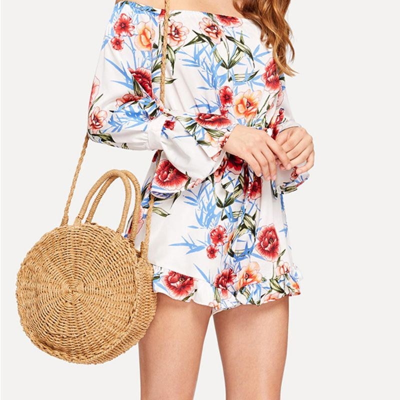 Dame Håndvævet Taske Rund Rattan Straw Bohemia Style Beach Circle Strandtasker