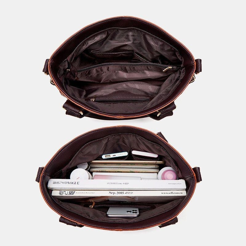 Dame Kunstlæder Retro Litchi-mønster Håndtaske Med Stor Kapacitet Skuldertaske Crossbody-taske Tote
