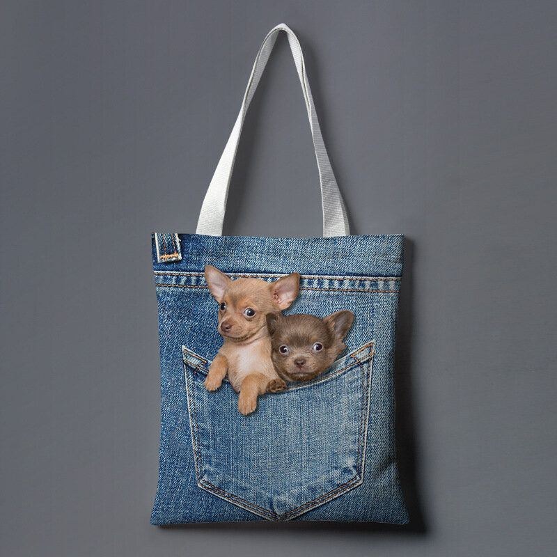 Dame Lærred Kat Hund Indvendig Jeans Mønster Skoletaske Med Stor Kapacitet Skuldertaske Håndtaske Tote