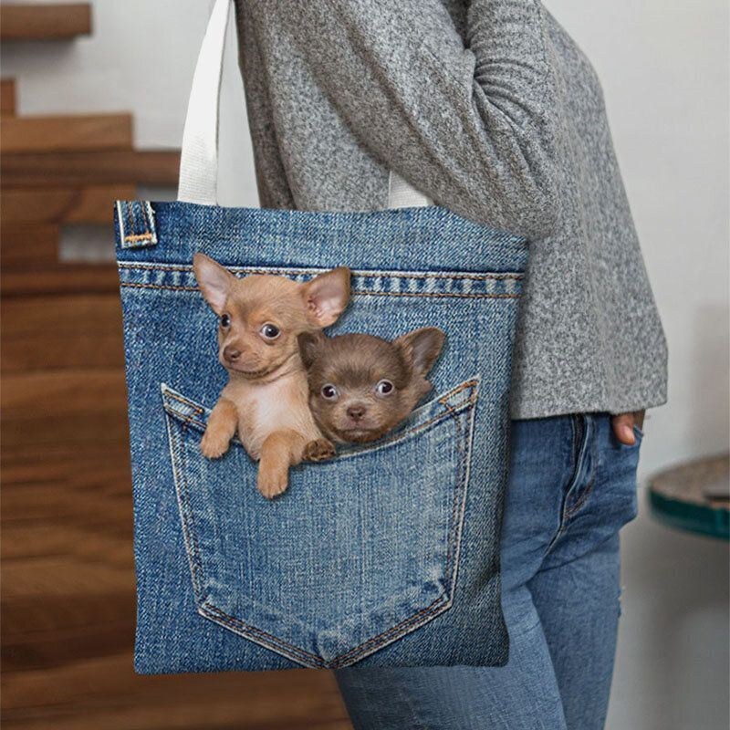 Dame Lærred Kat Hund Indvendig Jeans Mønster Skoletaske Med Stor Kapacitet Skuldertaske Håndtaske Tote