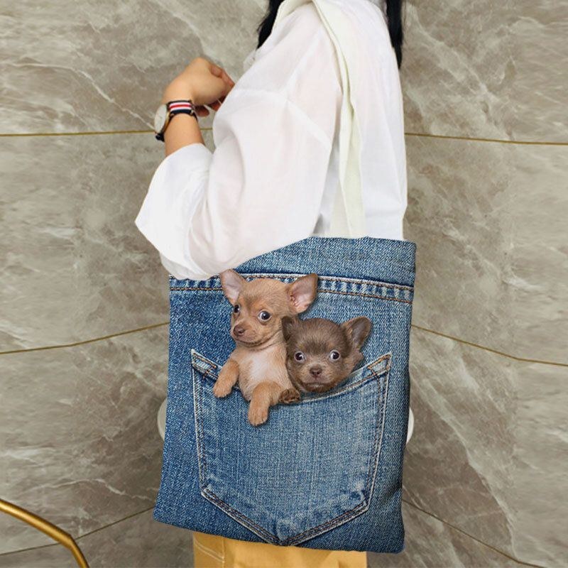 Dame Lærred Kat Hund Indvendig Jeans Mønster Skoletaske Med Stor Kapacitet Skuldertaske Håndtaske Tote