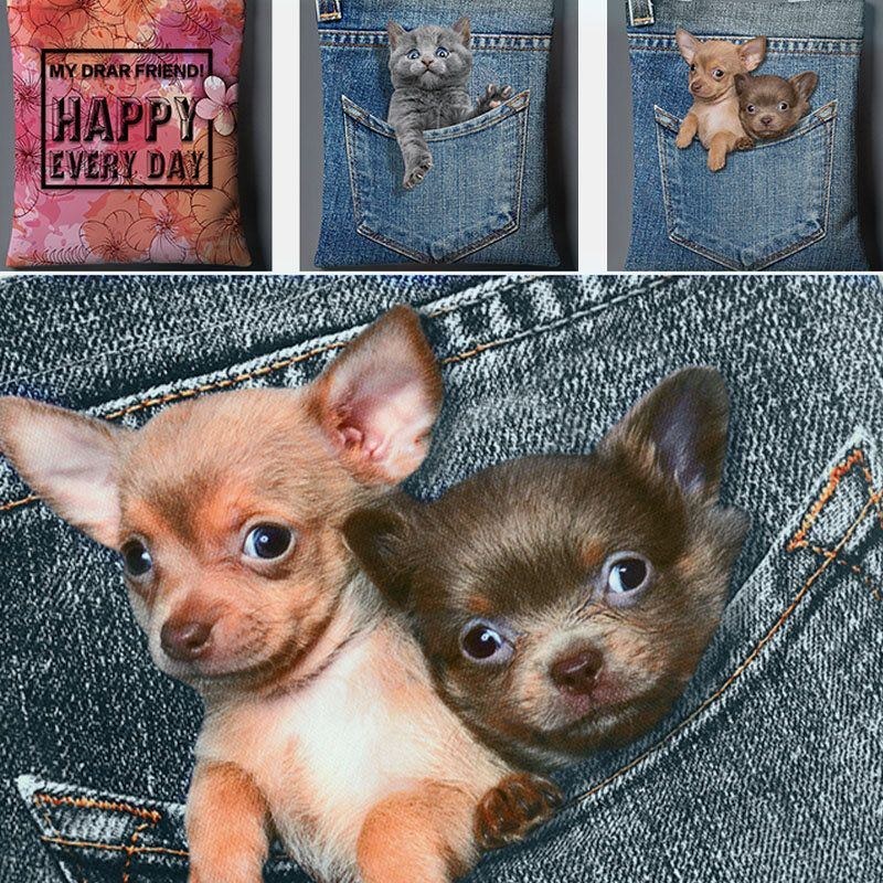 Dame Lærred Kat Hund Indvendig Jeans Mønster Skoletaske Med Stor Kapacitet Skuldertaske Håndtaske Tote