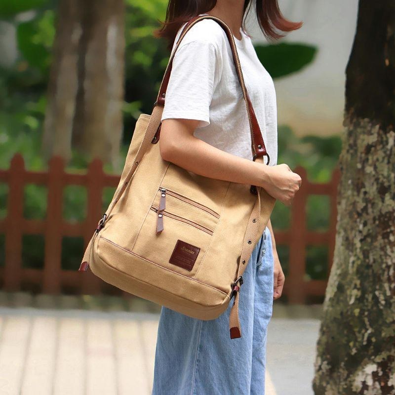 Dame Multi-carry Casual Canvas Håndtaske Skuldertaske Satchel Rygsæk