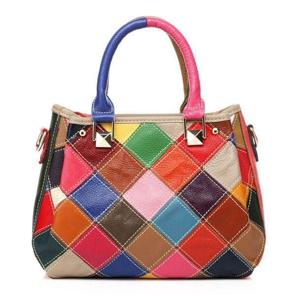 Dame Patchwork Koskind Farverig Håndtaske Tote Håndtaske Crossbody Taske
