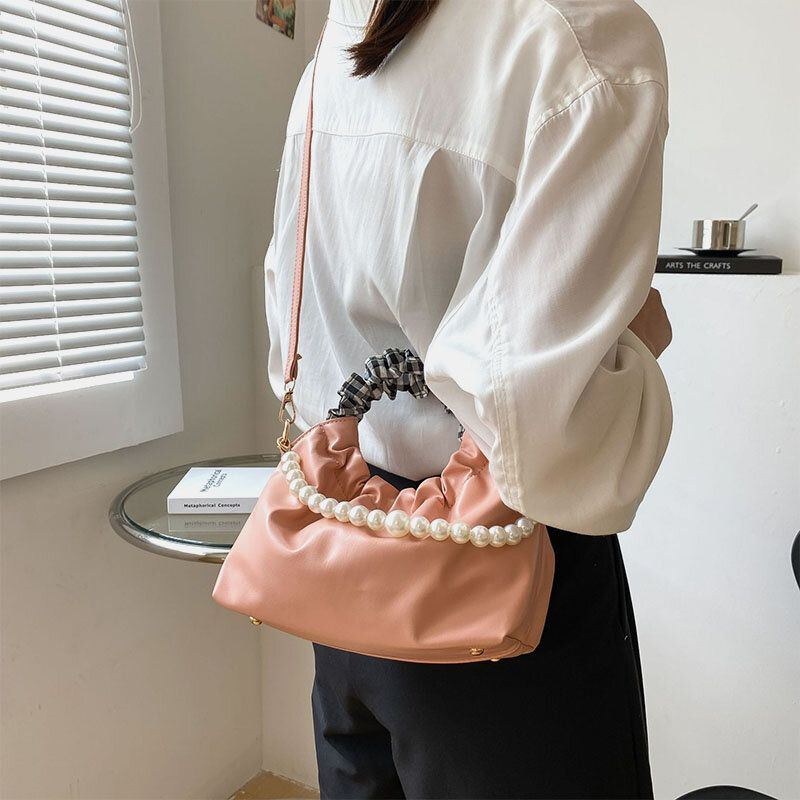 Dame Perler Kæde Plisseret Lommedesign Håndtaske Aftagelig Skulderrem Underarmstaske Skuldertaske Crossbody Taske