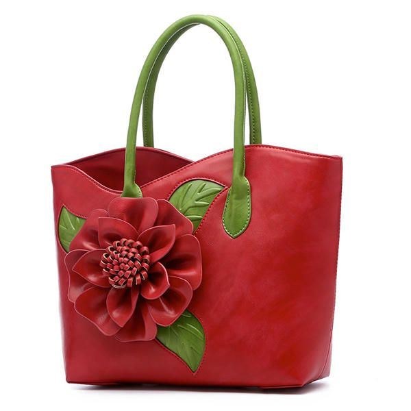 Dame Pu Læder Blomsterdekoration Elegant Håndtaske Sling Bag National Style Tote Bag