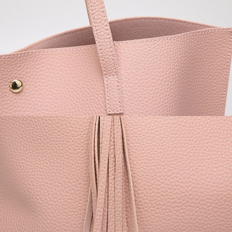 Dame Pu Læder Litchi Mønster Stor Kapacitet Casual Tassel Solid Tote Skuldertaske Håndtaske