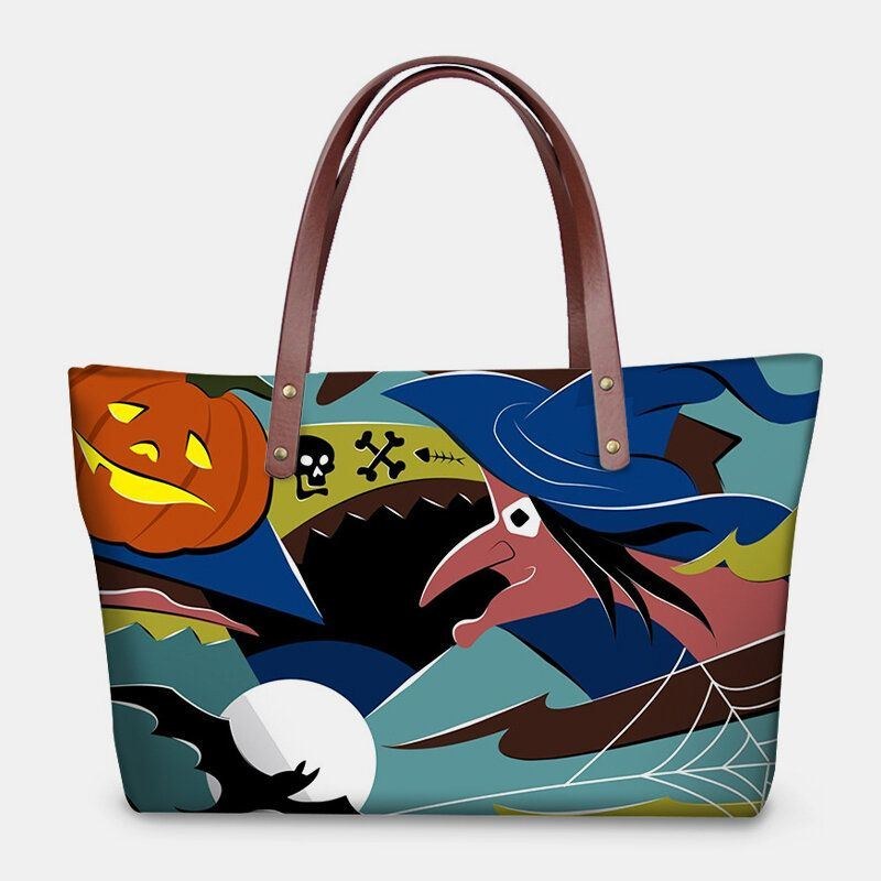 Dame Pu Læder Neopren Halloween Style Græskar Skull Festival Mønster Stor Kapacitet Mom Taske Studentetaske Skuldertaske Håndtaske