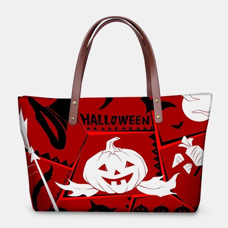 Dame Pu Læder Neopren Halloween Style Græskar Skull Festival Mønster Stor Kapacitet Mom Taske Studentetaske Skuldertaske Håndtaske