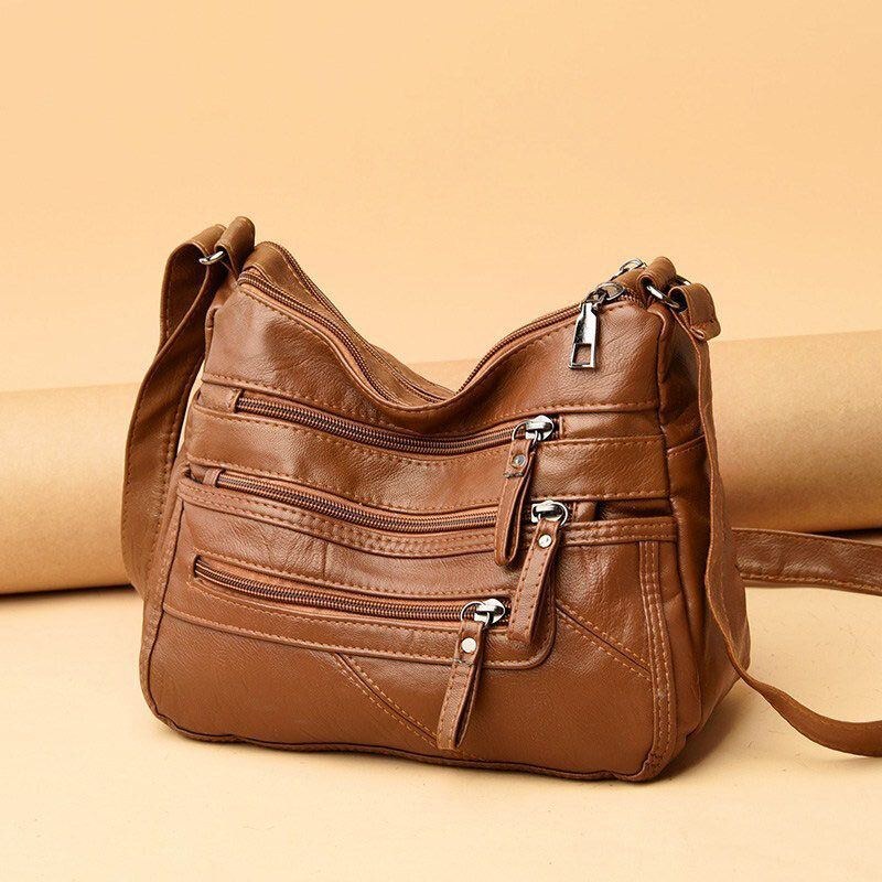 Dame Pu Læder Retro Casual Stor Kapacitet Fransk Håndtaske Med Flere Lommer Crossbody Tasker