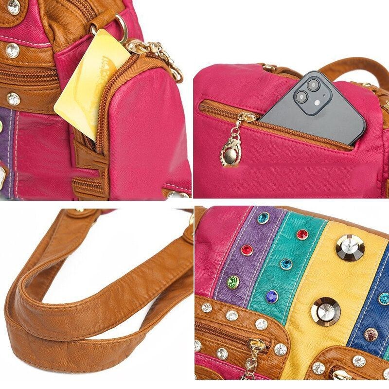 Dame Pu Læder Rhinestone Patchwork Vandtæt Vintage Skuldertaske Håndtaske Tote Crossbody Tasker