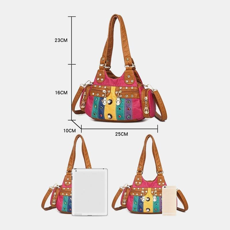 Dame Pu Læder Rhinestone Patchwork Vandtæt Vintage Skuldertaske Håndtaske Tote Crossbody Tasker
