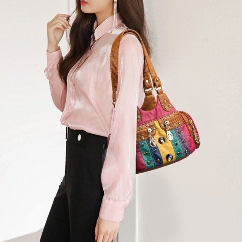 Dame Pu Læder Rhinestone Patchwork Vandtæt Vintage Skuldertaske Håndtaske Tote Crossbody Tasker