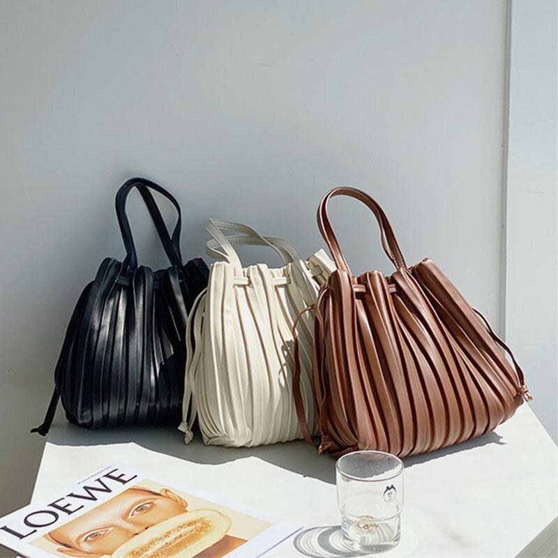 Dame Pu Læder Snøre Stripe Crossbody Taske Skuldertaske Håndtaske Ruched Bag