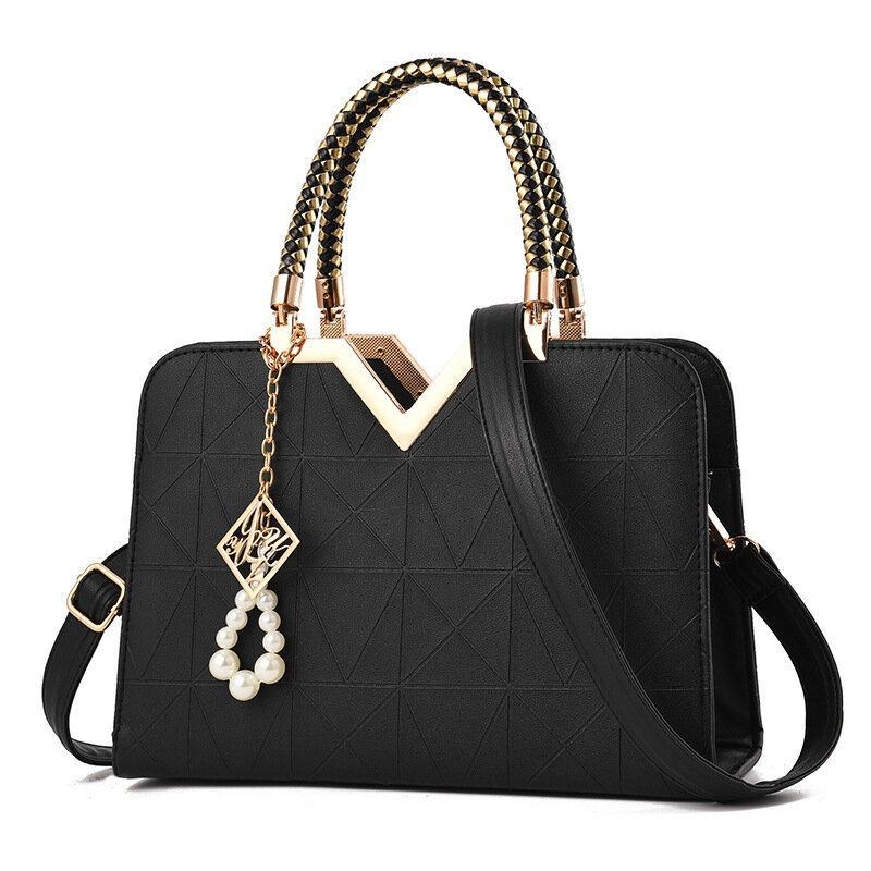 Elegant Dame Golden Top Håndtag Satchel Håndtaske Tote Pung Skuldertaske Med Perle Vedhæng