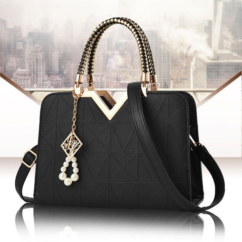 Elegant Dame Golden Top Håndtag Satchel Håndtaske Tote Pung Skuldertaske Med Perle Vedhæng