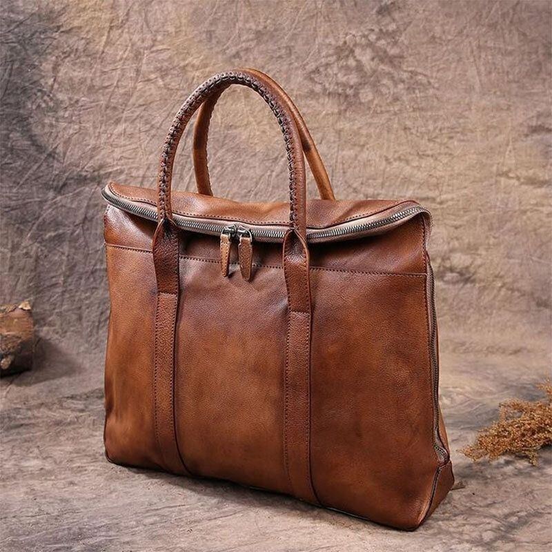 Herre Ægte Læder Retro Multi-lomme 15.6 Tommer Bærbar Taske Briefcase Business Håndtaske Crossbody Taske