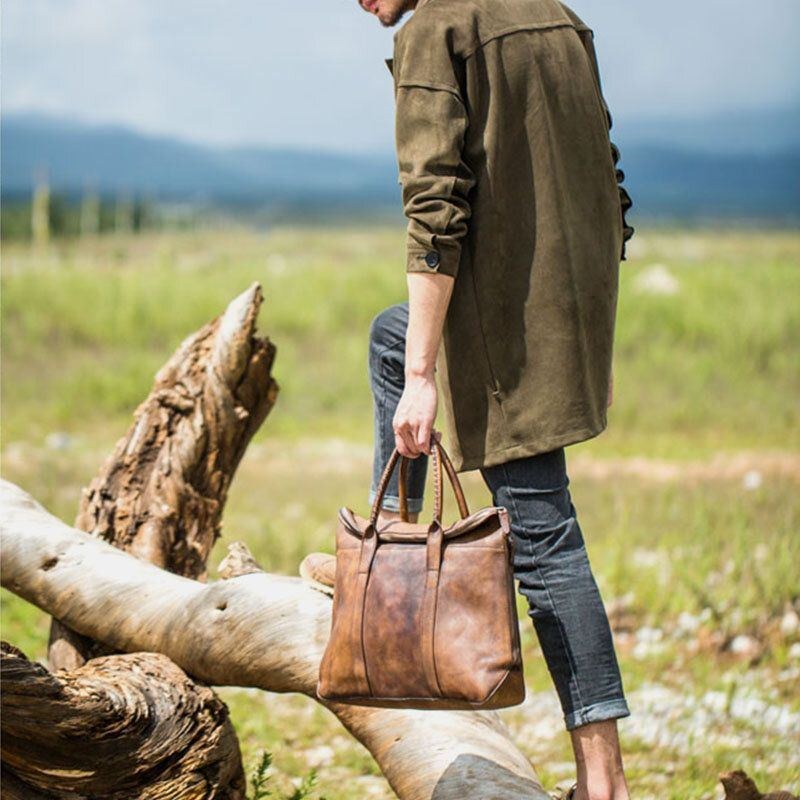 Herre Ægte Læder Retro Multi-lomme 15.6 Tommer Bærbar Taske Briefcase Business Håndtaske Crossbody Taske