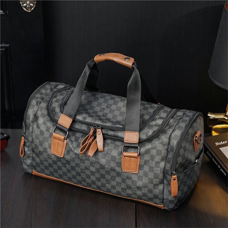 Herre Pu Læder Plaid Mønster Multifunktions Håndtaske Mode Multi-lomme Rejsetaske Fitness Taske Crossbody Taske Skuldertaske