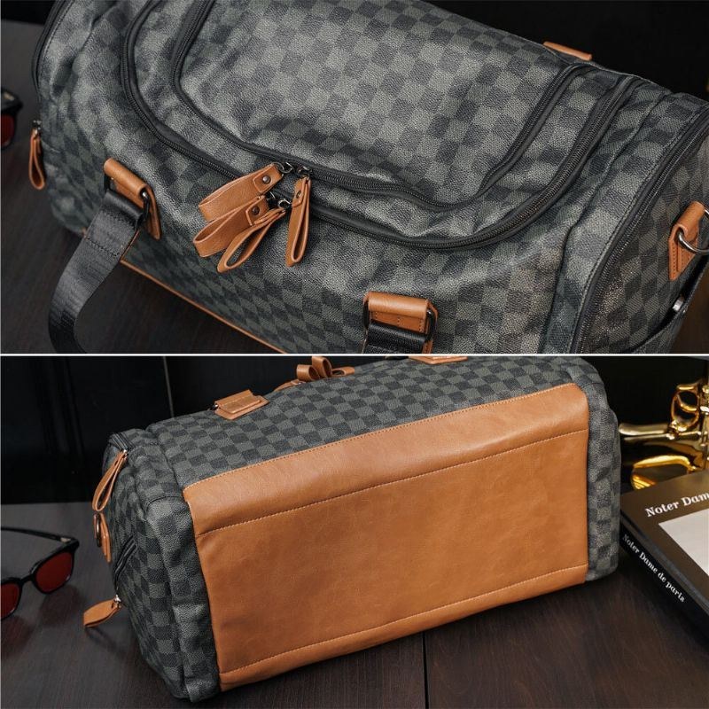 Herre Pu Læder Plaid Mønster Multifunktions Håndtaske Mode Multi-lomme Rejsetaske Fitness Taske Crossbody Taske Skuldertaske