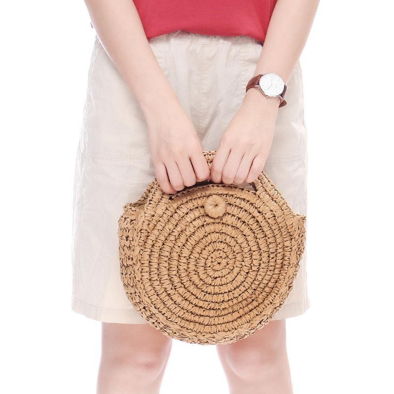 Rund Stråtaske Beige Hvid Kvinder Rattan Circle Håndvævet Skuldertaske Crossbody Taske
