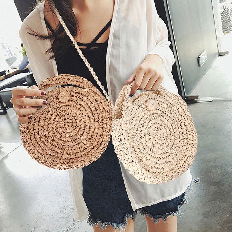 Rund Stråtaske Beige Hvid Kvinder Rattan Circle Håndvævet Skuldertaske Crossbody Taske