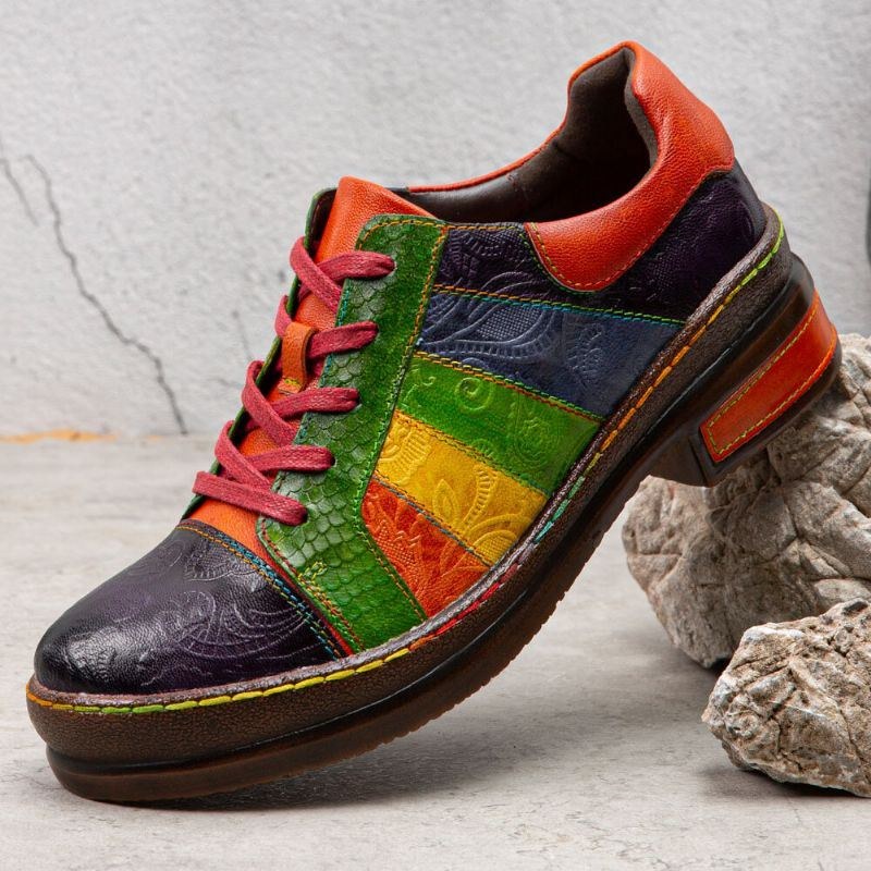Afslappet Snørebånd Med Regnbueprint Stitching Loafers Sko Dame Læder Behagelige Flats